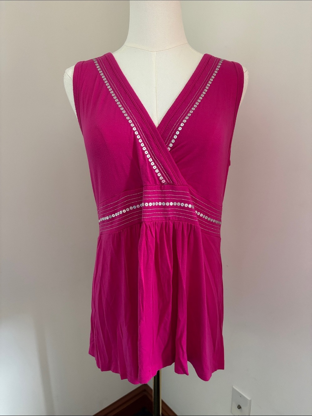 LOFT Bright Fuchsia Sleeveless V-Neck Tank with Sequin Trim